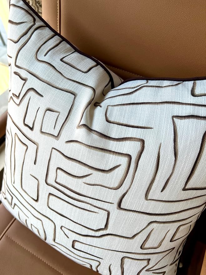 Abstract Line Art Print 20x20 Throw Pillow Cover, Brown | Brown abstract line art on off-white slub, brown piping; both sides printed; hidden zip; cover only
