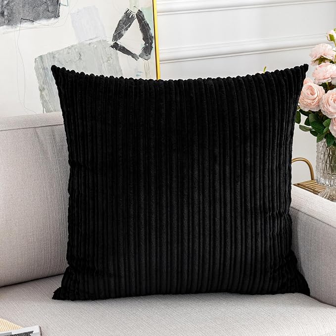 UGS UGASA Velvet Corduroy Throw Pillow Cover for Bed, 1 Pc, 26" x 26" (Pack of 1) (66 x 66 cm), Black