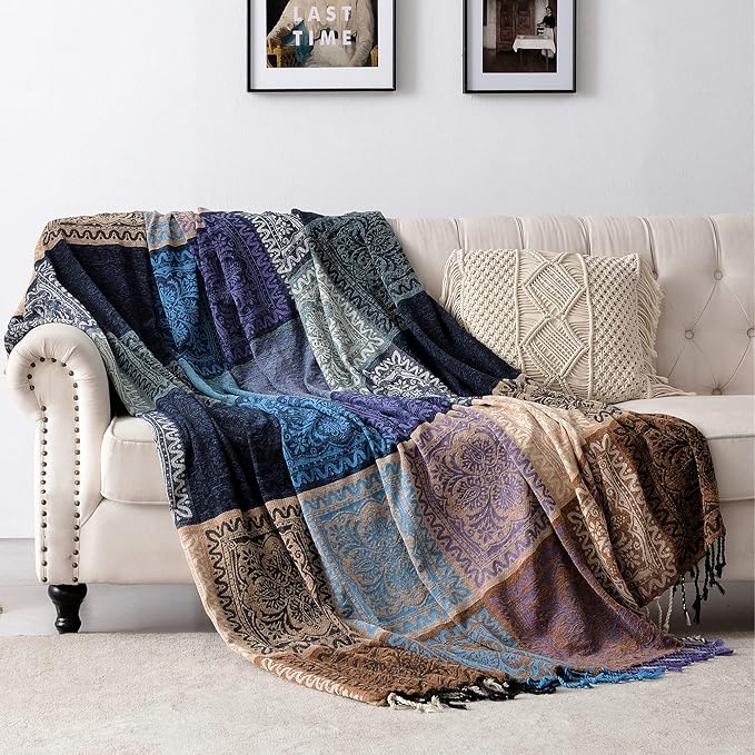 Boho Chair Cover Colorful Chenille Tassels Hippie Throw Blanket for Couch Bed Sofa Recliner Loveseat, Blanket for Bohemian Living Room Decor Purple(60"*75")