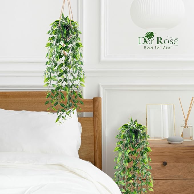 Der Rose 2Pcs Small Fake Hanging Plants Artificial Pea Pod for Wall Decor | Artificial hanging plants, faux pea pod soft draping greenery for indoor displays, bookshelves, bathroom and bedroom walls