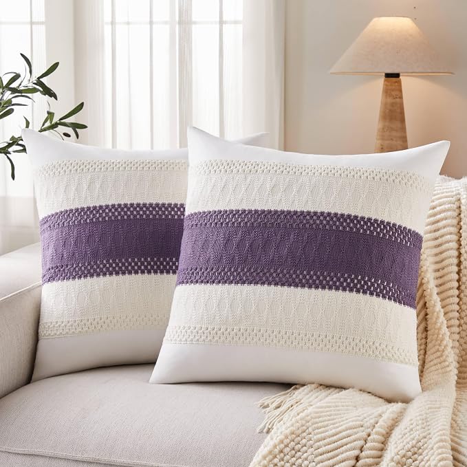 2pk Boho Pillow Covers 22x22, Natural White/Contrast/Purple | 100% Organic Cotton Body, Stripe Embroidery, Farmhouse Decorative Cushion Covers for Sofa Bed Living Room Home Decor