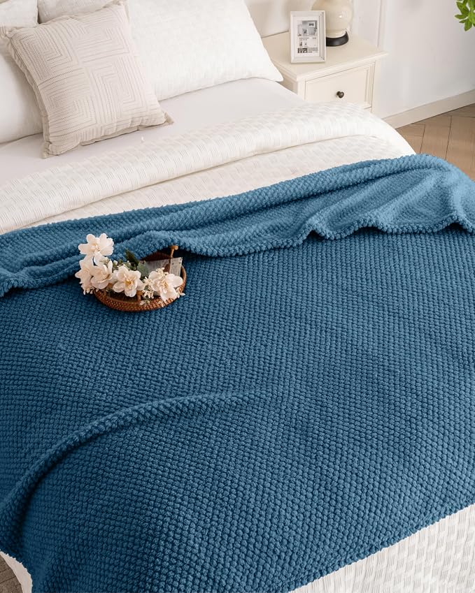 Blue Soft Fleece 300GSM Large Queen Blanket for Couch Cozy Flannel Room Decorative Blankets, Lightweight Plush Blanket for Bed Sofa, 90x90
