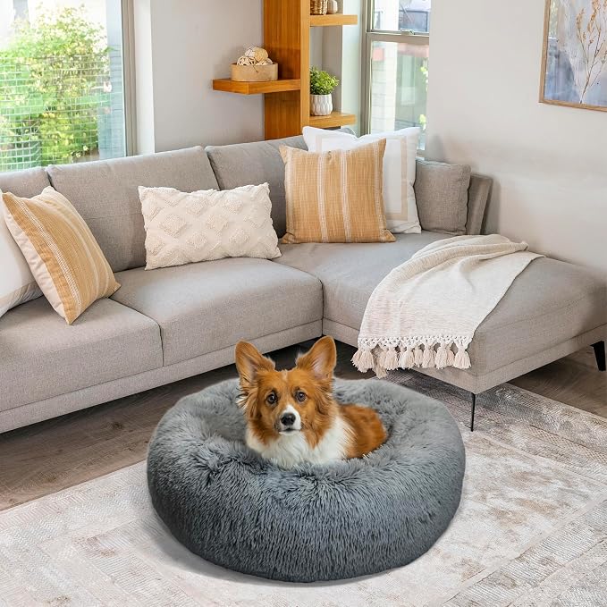 Best Friends by Sheri Original Calming Donut Dog Bed, Gray, Small, 23" | Machine Washable, Shag Faux Fur, Orthopedic Support, Sense of Security, Water-Resistant Base, Small Dogs Up to 25 lbs