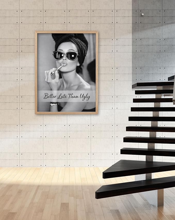 iHery 12x16in Hepburn Better Late Than Ugly Unframed Bathroom Wall Art | Unframed Canvas Poster Print, Vintage Makeup Decor for Bathroom, Bedroom, Vanity Room and Living Room, 1Pack
