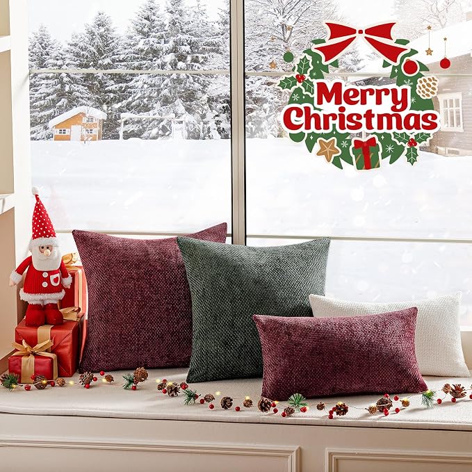 a moment Christmas Wine Red Chenille Throw Pillow Covers 12x20 Inch Pack of 2 Modern Decorative Throw Pillow Covers Farmhouse Cross Covers Home Decor for Sofa Bedroom Living Room