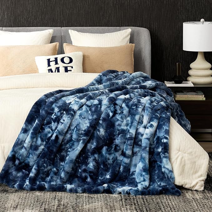 Cozy Bliss Deluxe Striped Rabbit Faux Fur Throw Blanket, Soft Fluffy Warm Plush Blanket for Winter, Modern Homr Decor, Tie-dye Blue 60"x80"