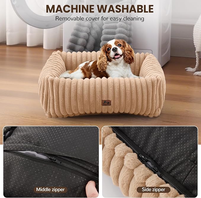 Washable Dog Bed Small Medium Size Dog, Rectangle Orthopedic Pet Bed for Car and Indoor,Fluffy Memory Foam Dog Beds with Anti-Slip Bottom,Camel (25x21x7 inches)