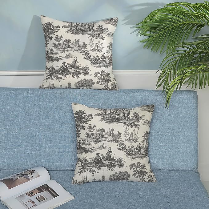 French Country Pillow Covers 18x18 Set of 2 Vintage Black Grey Toile Throw Pillows Outdoor French Country Decorative Pillow Cases Rustic Cottage Farmhouse Cushion Case for Couch Sofa Decor