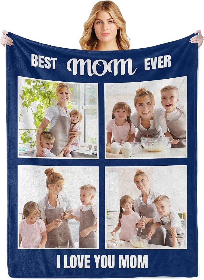 Personalized Mom Blanket, Birthday Gifts for Mom from Daughter Son | Custom Blanket with Photos Text, Mother's Day Christmas Birthday Valentine's, Customized Collage 4 Pictures Blanket