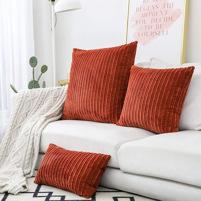 UGASA Solid Color Striped Velvet Pillow Covers Fall Modern Sofa Cushion Cover Bed Velvet Square Pillowcase, 1 Pc, 20"x20", Burnt Brick