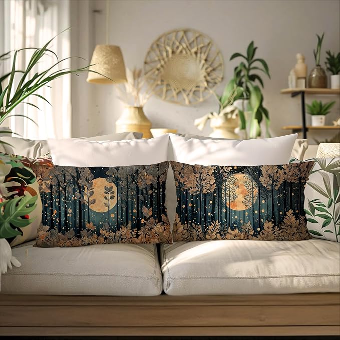 Vintage William Morris Inspired Gold Forest Moon Pillow Covers 20x12 Set of 2,Rustic Black and Gold Moon Nature Landscape Botanical Decorative Throw Pillow Covers for Home Bedroom Living Room