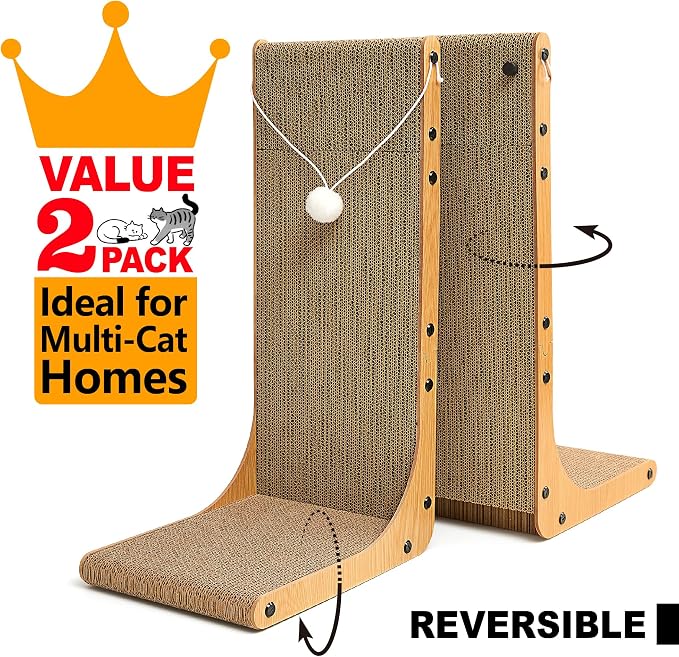 Value 2-Pack 23.6 Inch L-Shaped Cardboard Cat Scratcher, Dual Use (Vert/Horiz) Scratch Pad with Toy Balls, Wall-Mountable Furniture Protector Cat Scratchers for Indoor Cats