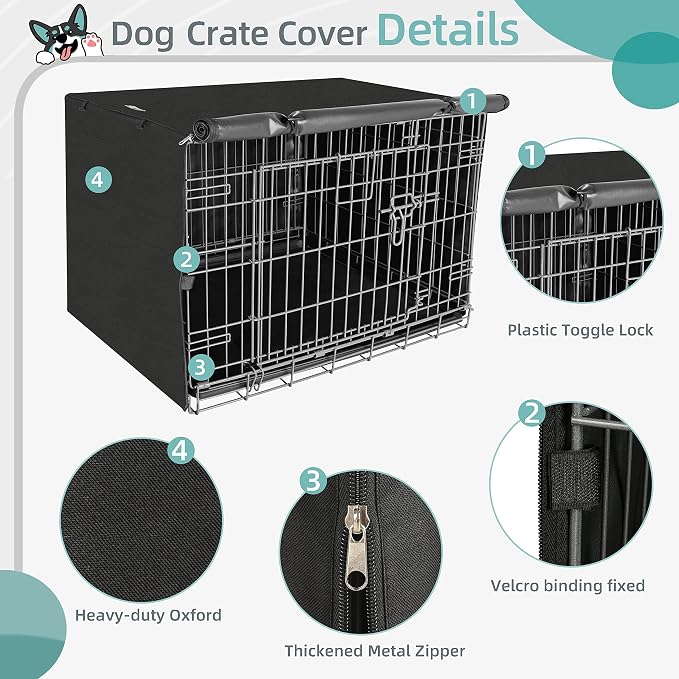 Seiyierr 48 Inche Dog Crate Cover, Double Door Dogs Kennel Covers for Large Wire Crate, Lightweight 600D Polyester Windproof, Cover Only, Black