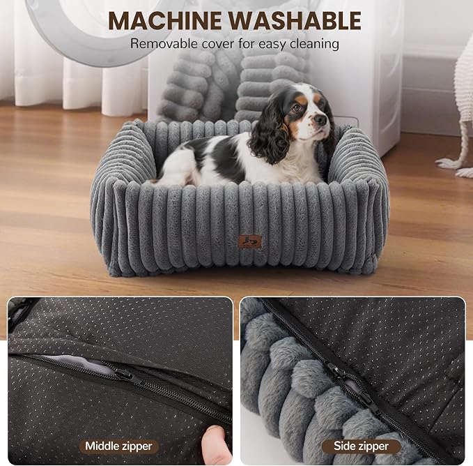Washable Dog Bed Small Medium Size Dog, Rectangle Orthopedic Pet Bed for Car and Indoor,Fluffy Memory Foam Dog Beds with Anti-Slip Bottom, Grey (25x21x7 inches)