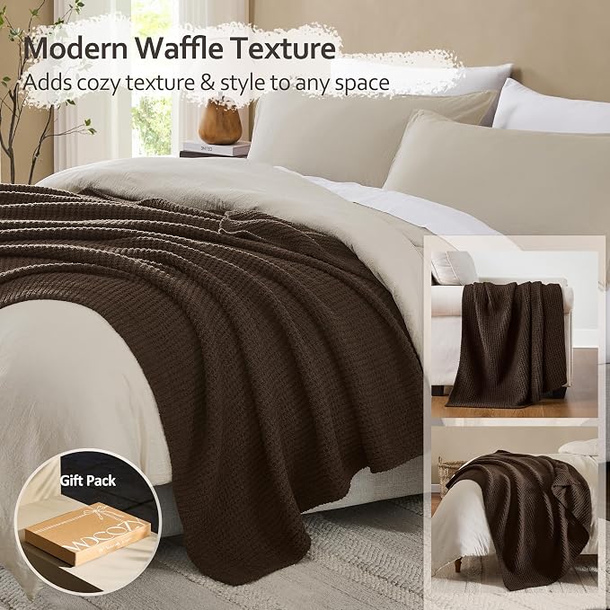 WDCOZY Brown Waffle Throw Blanket for Couch Bed, Reversible Super Soft Plush Knitted Blanket, Lightweight Cozy Fuzzy Fluffy Throw for Sofa Chair, Textured Blanket for Home Decor, Chocolate 60"x80"