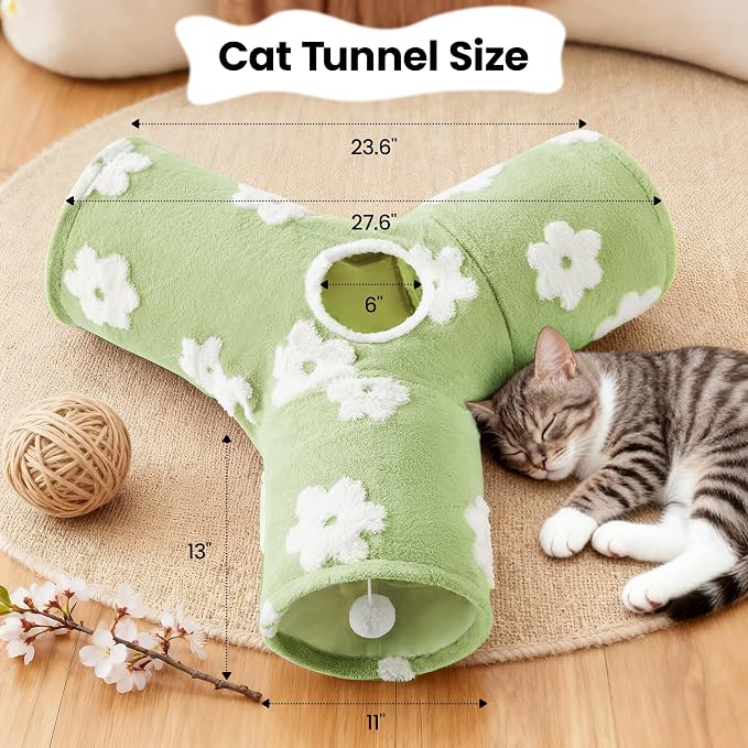 Tempcore Cat Tunnel, 3-Way Collapsible Toy for Indoor Cats, Daisy Green