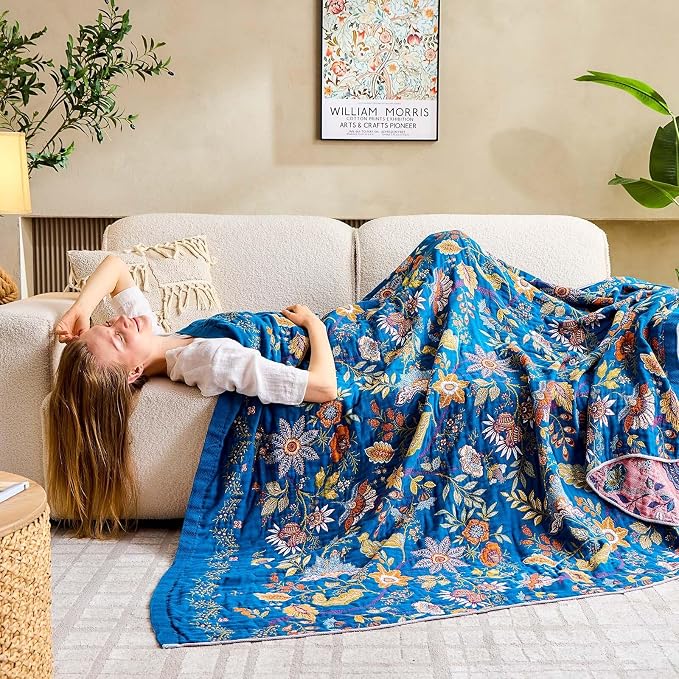 XIBLC Fall Throw Blanket for Couch, Blue Boho Decorative Throw Blanket, 100% Cotton Muslin Breathable Woven Farmhouse Blankets Quilt, 60"x80" Reversible Lightweight Blankets Bohemian Throw Quilt