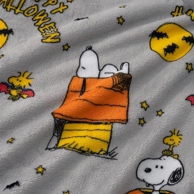 Berkshire Blanket Peanuts® VelvetLoft® Cute Character Snoopy Plush Oversized Throw Blanket, Peanuts Snoopy and Woodstock Happy Halloween Spooky Chateau Grey (50in x 60in)