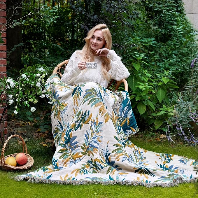 LUTBM Boho Throw Blanket for Couch 50"x60", Cotton Decorative Bed Throws | Reversible Leaves Jacquard, All-Season Lightweight Soft Blanket, For Chair Sofa Bedroom Living Room Decor, Home Accent Gift