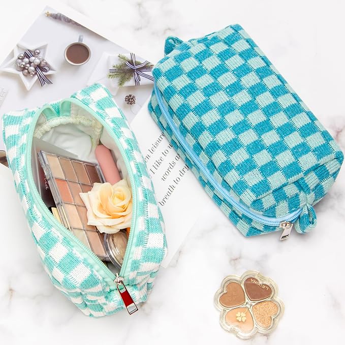 PAZIMIIK Checkered Makeup Bag for Purse Portable Zipper Make Up Pouch Small Cosmetic Case for Travel Accessories (2PCS Lake Blue)