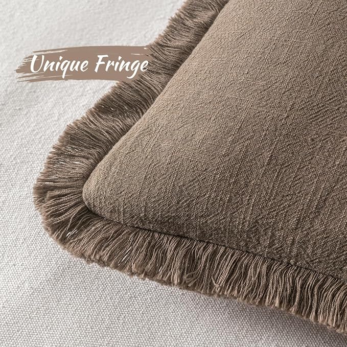 MIULEE Linen Decorative Fall Lumbar Throw Pillow Covers Cocoa Brown 12x20 | Set of 2, Cottagecore Decor, Boho Farmhouse Neutral Pillow Covers, Rustic Fall Fringe Couch Cushion for Sofa Bed Living Room