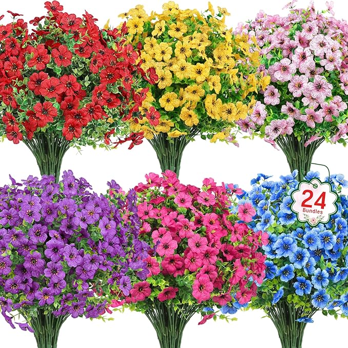 24 Pcs Artificial Flowers for Outdoors Decorations, Multicolor | Colorful lifelike flowers, UV resistant, faux plastic plants, for garden porch window table vase home indoor outdoor decor