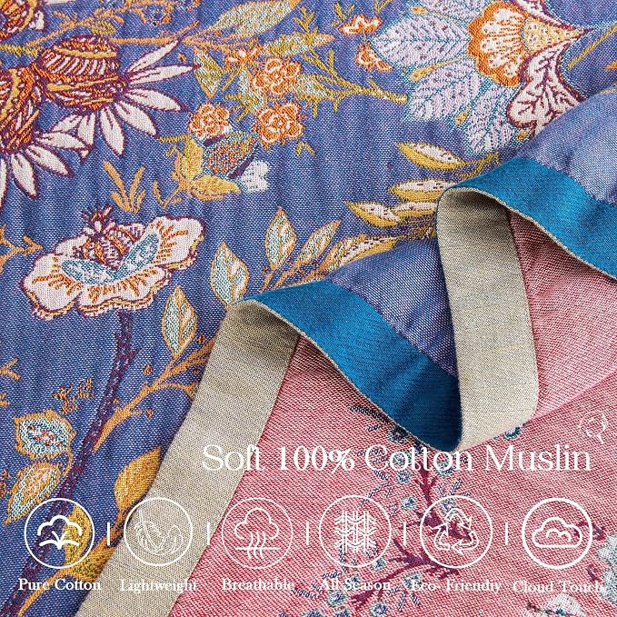 XIBLC Boho Blanket, 100% Cotton Farmhouse Decorative Throw Blanket, 90"x98" Reversible Bohemian Throw Blanket, Purple All Season Muslin Breathable Woven Blankets Quilt