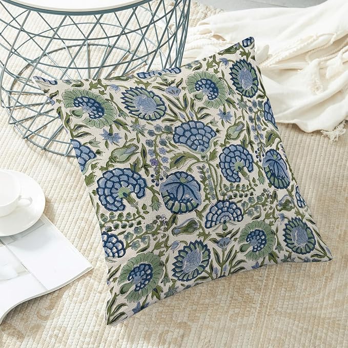 Block Print Pillow Covers 18x18 Inch Pack of 2 Boho Blue Sage Green Floral Decor Throw Pillow Covers Spring Summer Flower Pillowcase Outdoor Farmhouse Decorative Cushion Cover for Couch Sofa