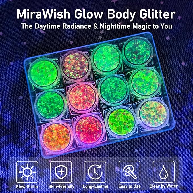 12 Colors Glow Body Glitter Gel, Glow in The Dark Hair Face Glitter Gel, Rave Accessories for Festivals Carnival UV Black Light Party