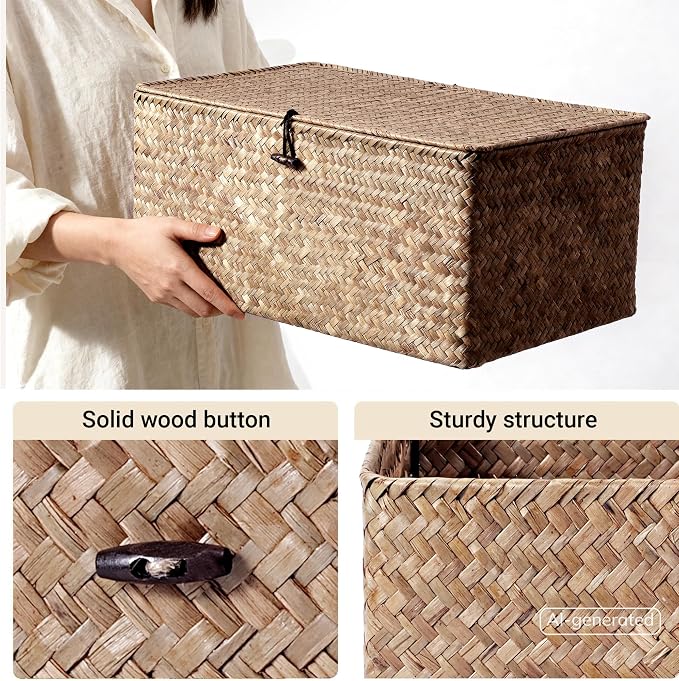 Nonam Seagrass Storage Large Basket with Lid,Wicker Basket Storage Bin with Lid for Shelves,Boho Decor,Handwoven Shelf Basket for Organizing-Storage Container Box for Home Organization-Coffee