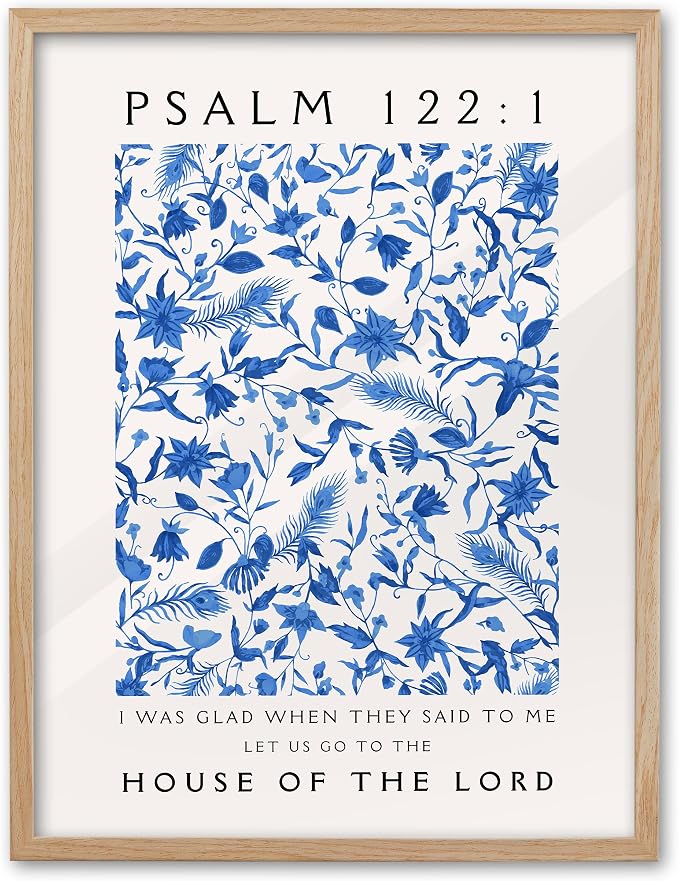 EcoHest 12x16 in Psalm 122:1 Blue Floral Framed Christian Wall Art | Natural Oak Wood Frame with Canvas Wall Art, Botanical Scripture Wall Decor for Bedroom, Living Room, Office, Church, 1Pack