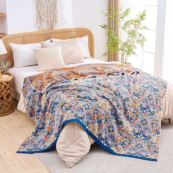XIBLC Boho Throw Blanket for Bed, 100% Cotton Soft Rustic Quilt Fall Blanket, 80"x90" Floral Printed Farmhouse Decor Bed Blankets, All Season Rustic Reversible Bohemian Throw Quilt