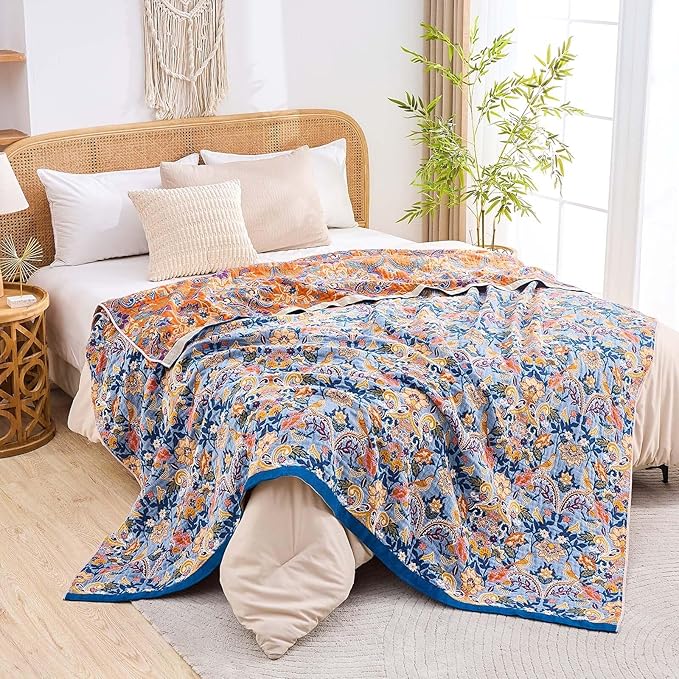 XIBLC Boho Throw Blanket for Bed, 100% Cotton Soft Rustic Quilt Fall Blanket, 60"x80" Floral Printed Farmhouse Decor Bed Blankets, All Season Rustic Reversible Bohemian Throw Quilt
