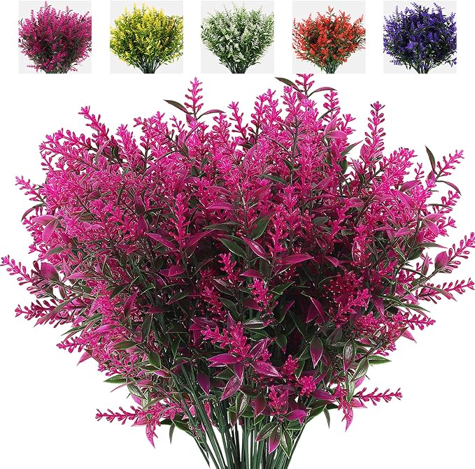 RECUTMS 8Pcs Artificial Flowers Fake Outdoor Plants Faux Lavender Flower | 13.8",Plastic Shrubs Faux Flowers Fake Ferns Winter Artificial Fowers for Outdoors Indoor Outside Hanging Decorations