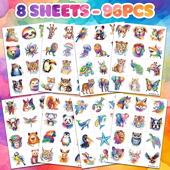 96 PCS Watercolor Animal Pre-Cut Temporary Tattoos for Kids | Super Cute Themed Birthday Party Favors, Supplies, Decorations, Animal Fake Tattoo Stickers, School Rewards Prizes & Gifts Boys & Girls