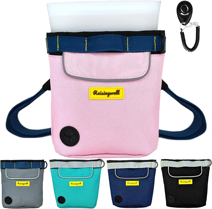 Raisingwell Dog Treat Pouch for Pet Walking and Training with Clicker 2 Cup Silicone Bag Small Fanny Pack Holder for Puppy Snack Dispenser Kit for Leash and Outdoor Use (Pink)