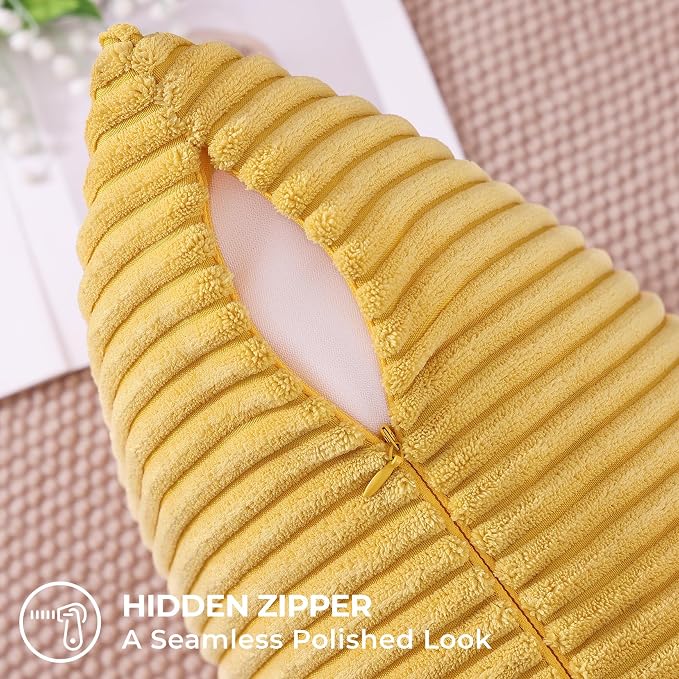 Mecatny Corduroy Fall Throw Pillow Covers 22x22 Set of 2 Mustard Yellow | Soft Striped Texture, Hidden Zipper Design, Neutral Boho Square Pillow Cases for Sofa Couch Living Room Bedroom, Home Décor
