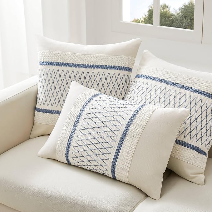 2 Pack Boho Throw Pillow Covers, Grid Blue 18x18in | Soft Breathable Cotton, Farmhouse Decorative Couch Pillow Cases, Cushion Covers for Sofa Bed Living Room Home Decor
