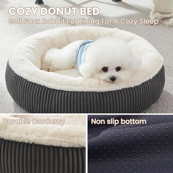 23 inches Calming Donut Dog Bed for Small Dogs,Dark Grey | Round Puppy Pet Bed with Removable&Washable Cover,Plush Faux Fur & Corduroy, Fits Pets up to 15 lbs