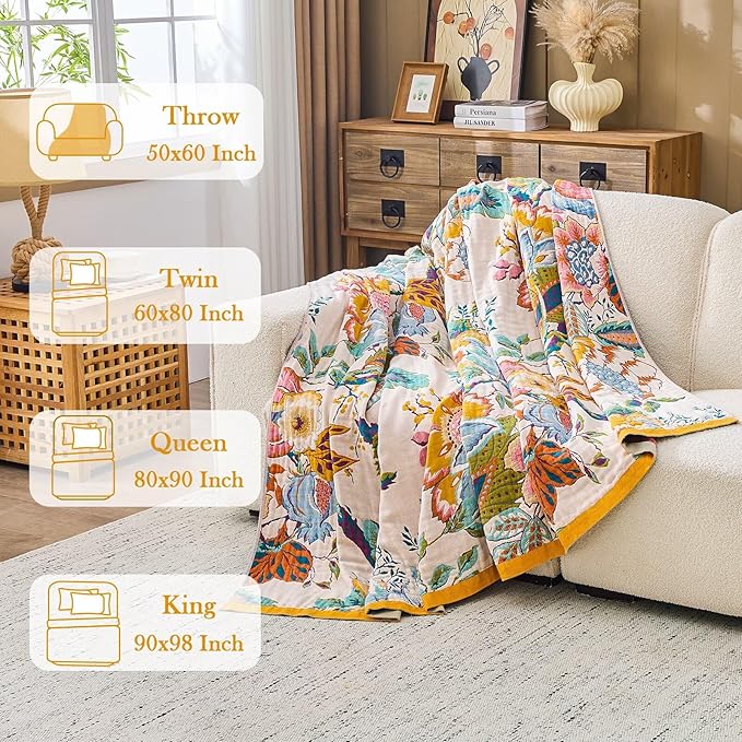 XIBLC Boho Throw Blanket 100% Cotton Vintage Blanket Muslin Woven Flower Decorative Throw Blankets All Season Bohemian Rustic Farmhouse Decor Quilt for Bed (Yellow 50"x60")
