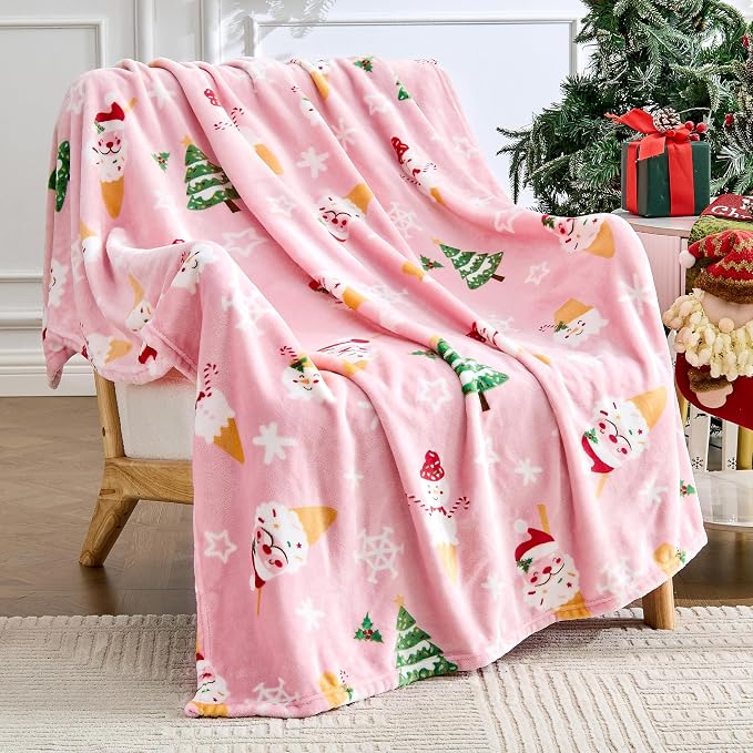 Edenleaf Christmas Blanket Soft Cozy Pink Throws with Snowman Snowflake Santa Claus and Xmas Trees Print, Fuzzy Warm Christmas Throw Blanket for Couch Bed Holiday Decorations Gifts 50"x60" (Pink)