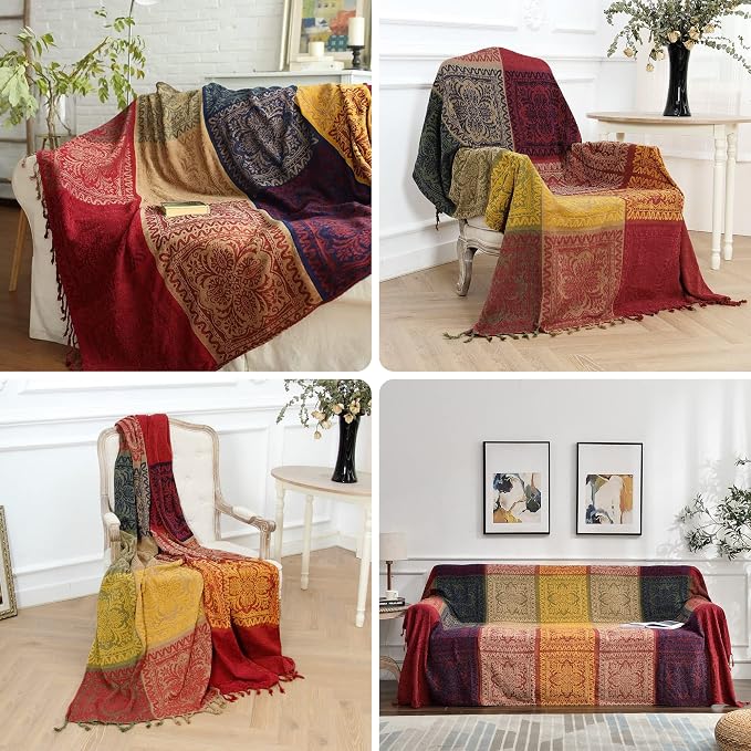 Boho Throw Blanket, Chenille Jacquard Tassels Throw Blankets for Bed Couch Soft Chair， Bohemian Fringe Tassels (Red, Large 86 * 102Inches)