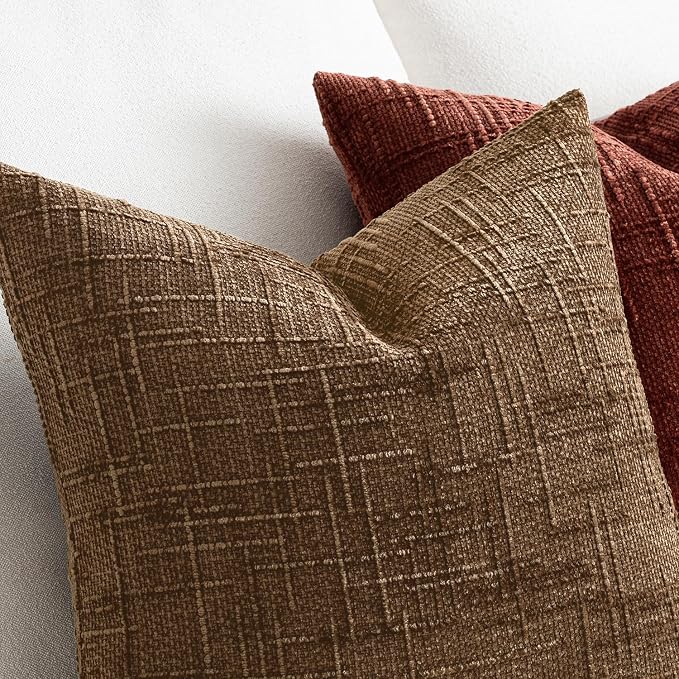 MIULEE Chenille Textured Fall Throw Pillow Covers Toffee 18x18 Set of 2 | Slubby Decorative Pillows, Boho Farmhouse Rustic Home Decor, Modern Neutral Cushion Covers for Couch Sofa Bed Living Room