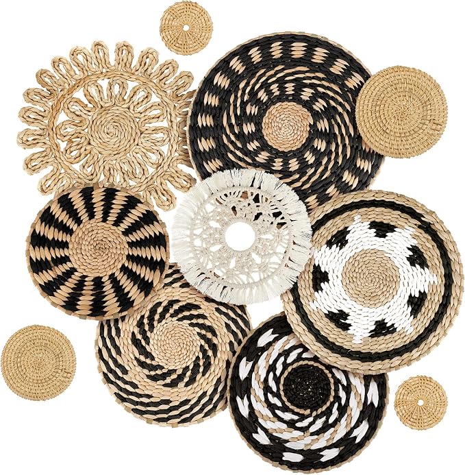 Tatuo 11 Pcs Boho Wall Basket Decor Bulrush Woven Wall Hanging Art Round Farmhouse Rustic Handmade Wicker for Summer Home, Bedroom, Living Room, Kitchen Decorations, Multi Sizes(Boho)