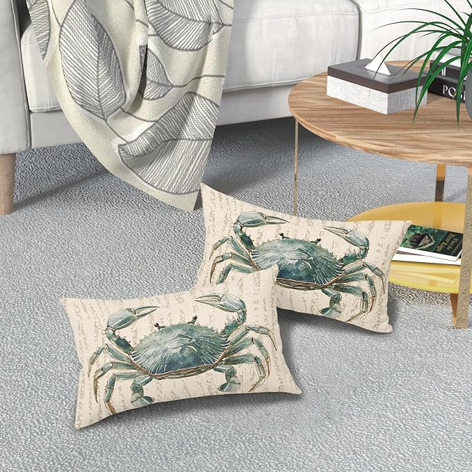 Summer Sea Crab Nautical Pillow Covers 12x20 Inch Set of 2 Coastal Ocean Coral Beach Blue Throw Pillow Cases Outdoor Linen Square Cushion Cover Farmhouse Decor for Bedroom Home Sofa Couch Bed