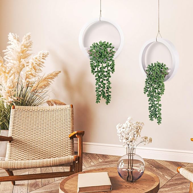 Der Rose 2 Pack 15" Artificial Hanging Plants in White Pots for Wall Decor | Realistic cascading pearls, hanging ropes, shelf display for bathroom bedroom living room boho wall decor，fresh all year