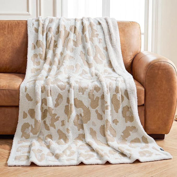 Knit Throw Blanket for Couch, Soft Cozy Fluffy Knitted Blanket for Sofa, Bed, Gift for Women Girls Home Decor (Leopard-Beige, Throw 50"x60")