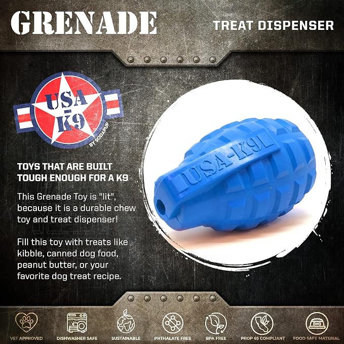 SodaPup USA-K9 Grenade – Durable Dog Treat Dispenser and Chew Toy Made in USA from Non-Toxic, Pet Safe, Food Safe Natural Rubber Material for Mental Stimulation, Problem Chewing, Calming Nerves & More