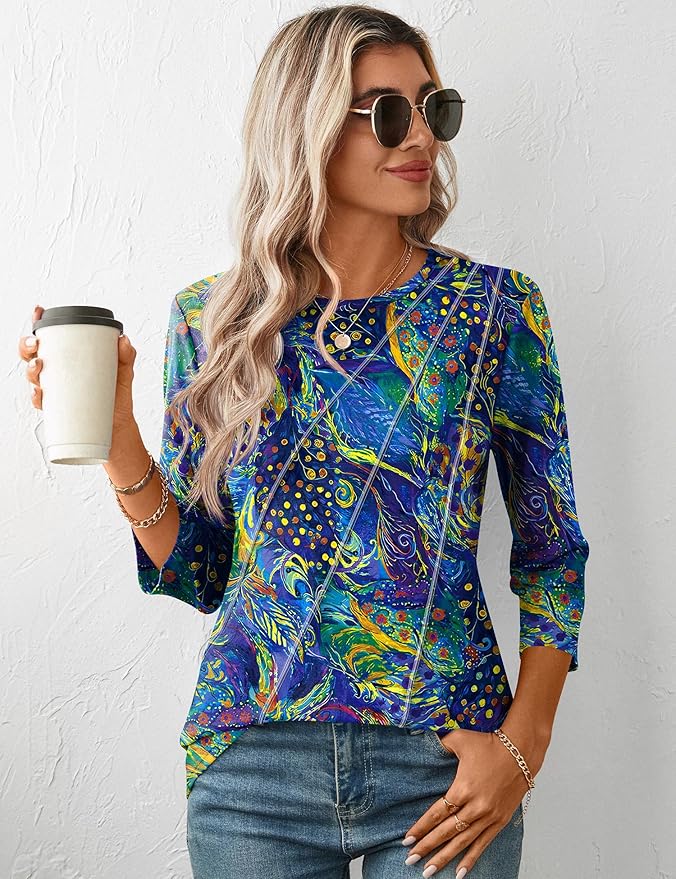LOMON 3/4 Length Sleeve Womens Tops Spring Summer Fashion 2026 Tops Crew Neck Pleated Shirts Tunic Top Loose Fit