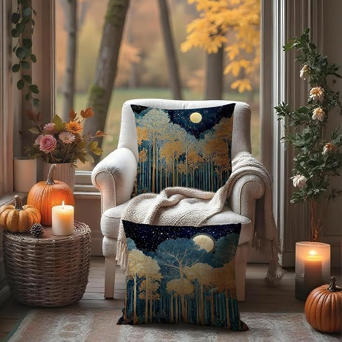 Rustic William Morris Inspired Gold Forest Moon Pillow Covers 18x18 Set of 2,Vintage Black and Gold Botanical Moon Nature Landscape Decorative Throw Pillow Covers for Home Bedroom Living Room
